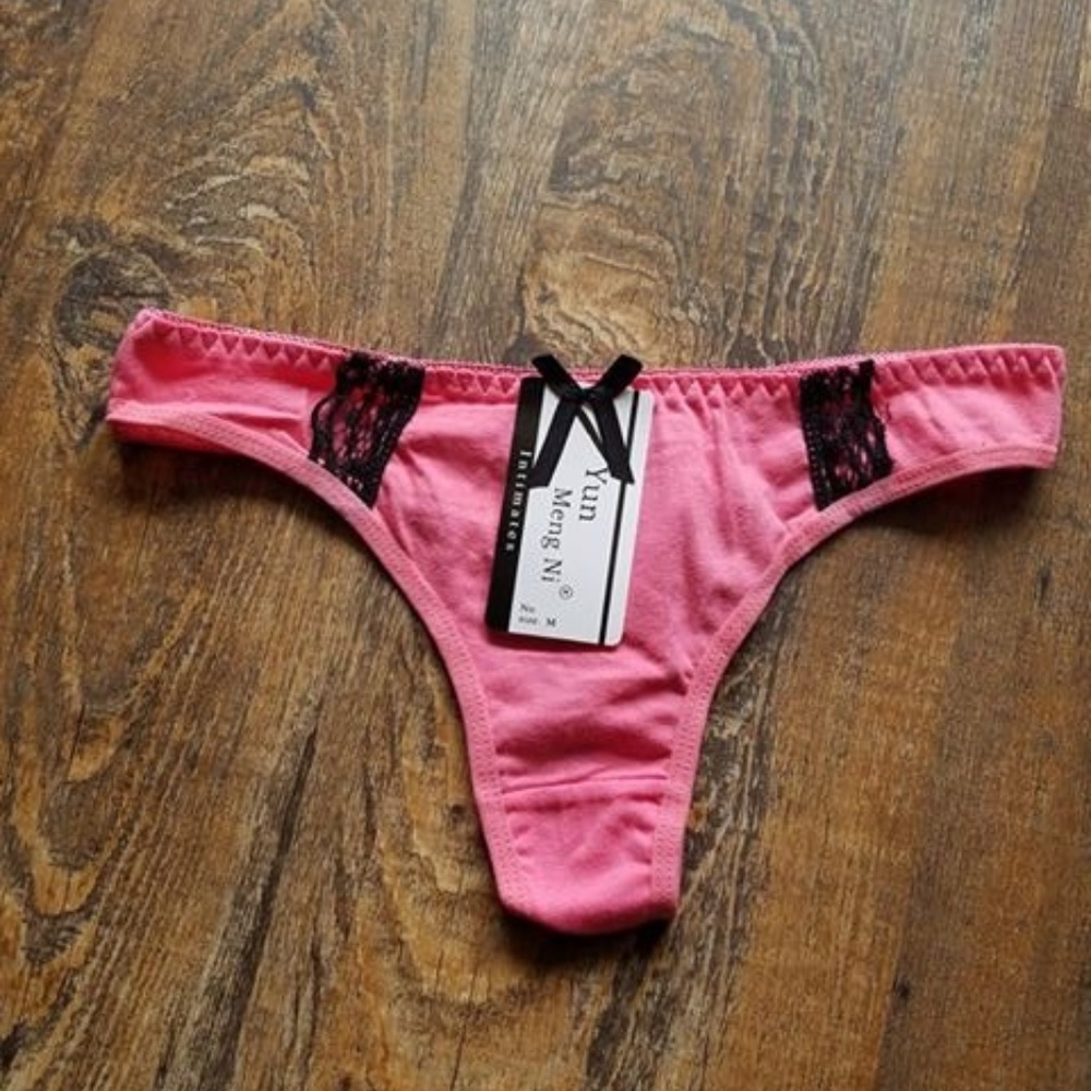 Cotton Thong Panty With Contrasting Lace Accents